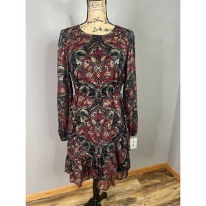 Tommy Hilfiger Womens Paisley Print Ruffle Hem Long Sleeve Dress fit & Flare  8